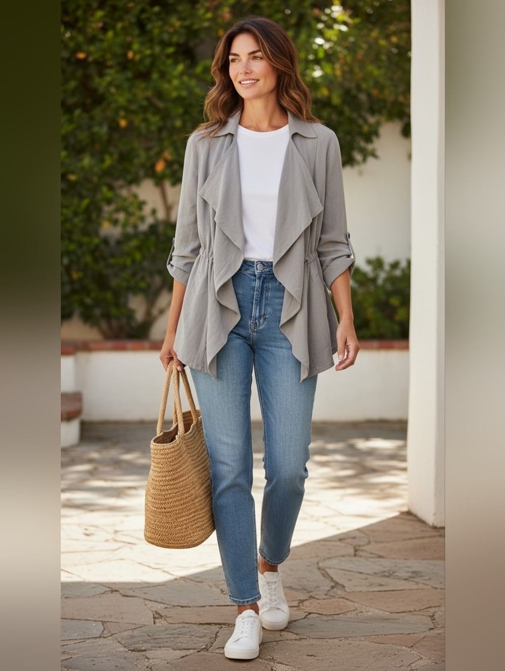 Chico's Light Gray Ruffled Open-Front Trench Jacket Size 0 US Small